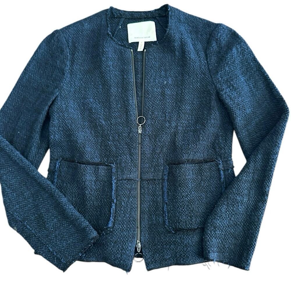 Rebecca Taylor Women's Navy Tweed Zip Up Front Pockets Knit Blazer Jacket Size 2